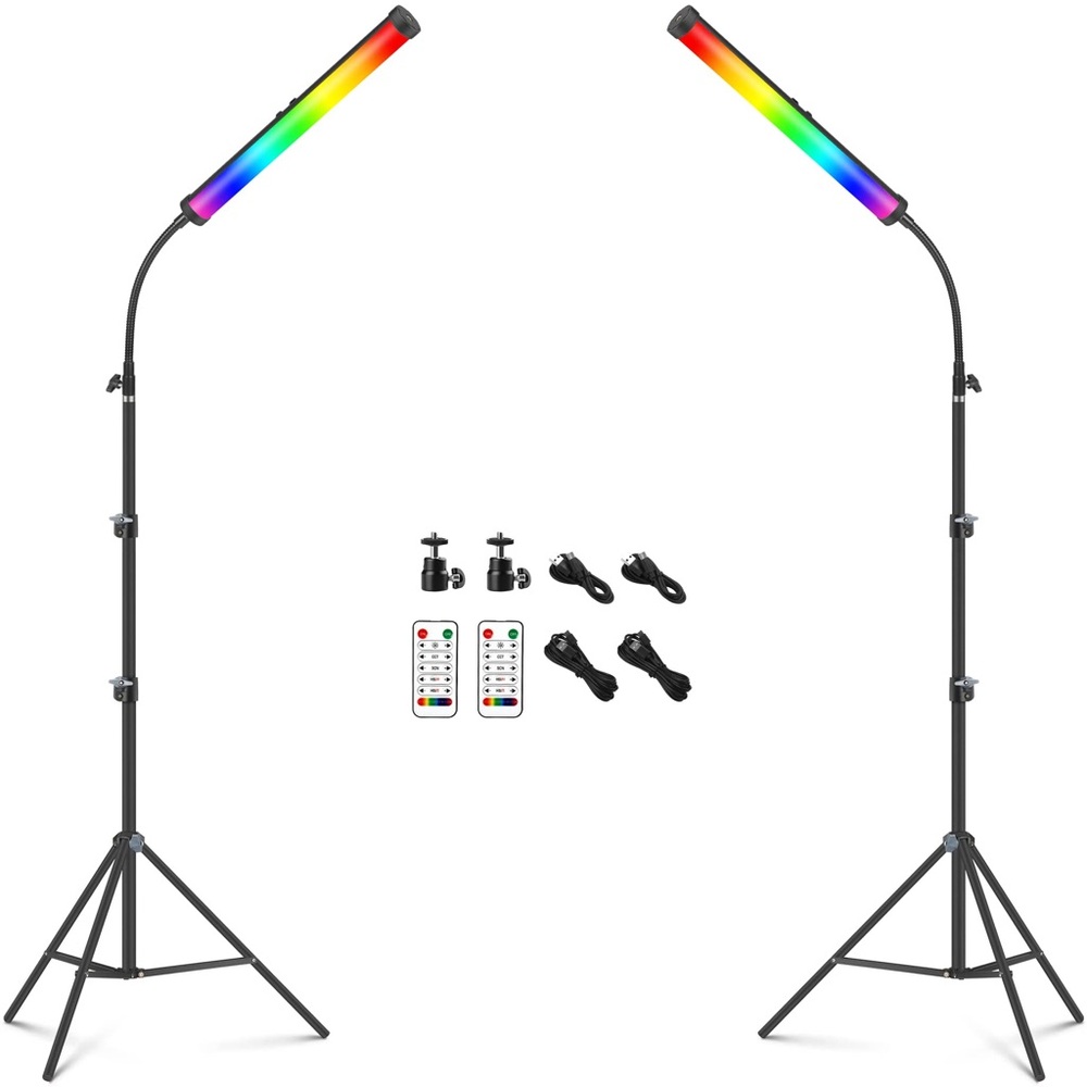 NEW 2 Pack RGB Photography Stick Lights with Tripod Stand Rechargeable Dimmable